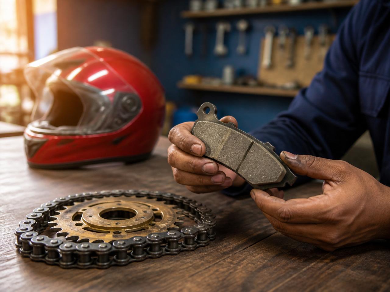 Mechanic inspecting a genuine motorcycle brake pad next to a chain and sprocket set